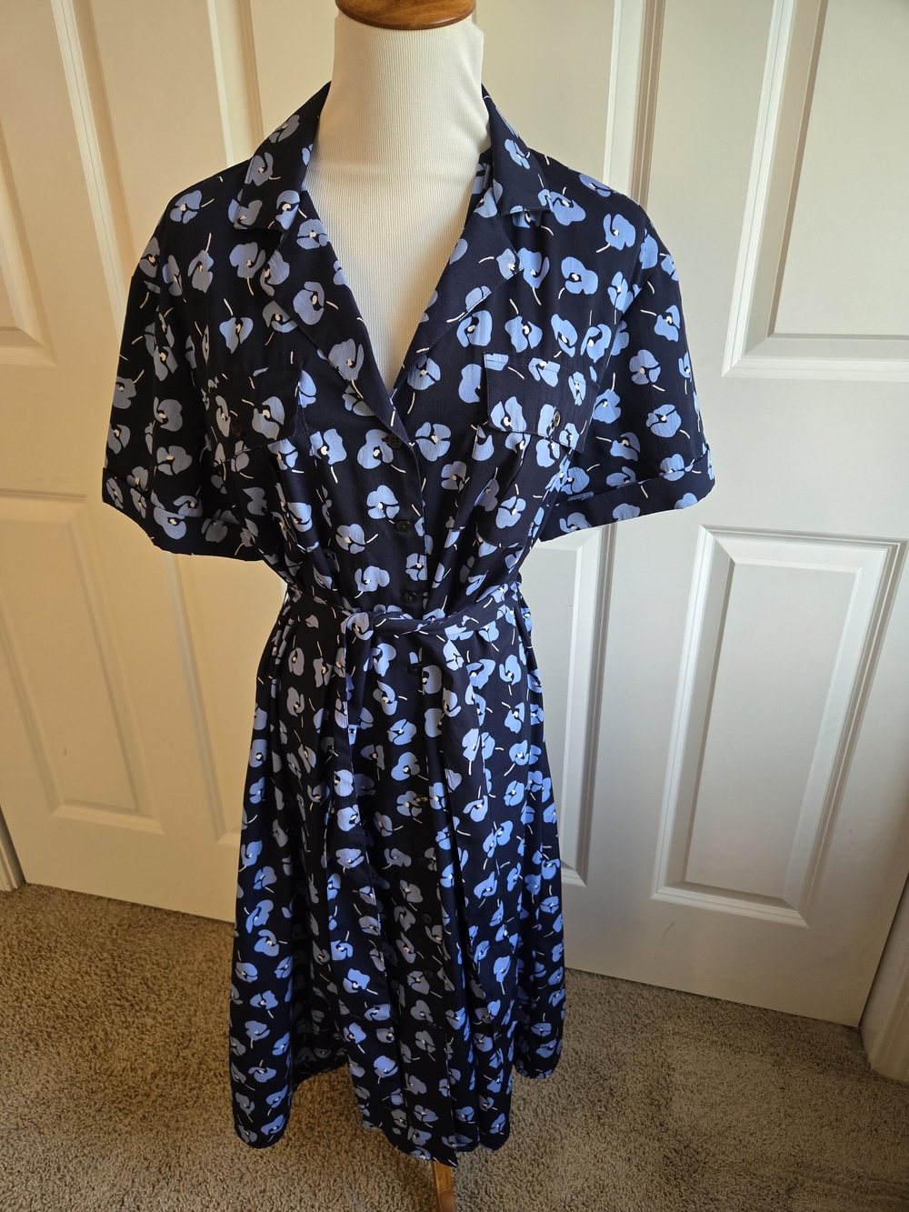 Navy Blue Floral Wrap Dress with Light Blue Print - 14